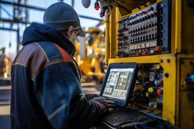 Photo l'opérateur utilise une tablette mobile pour contrôler la plate-forme de forage pour l'exploration de minéraux pour le gaz pétrolier