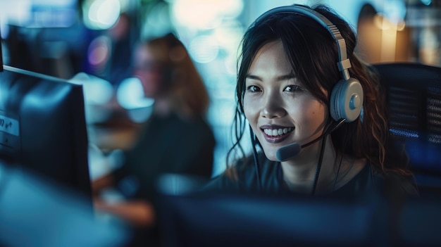 Opératrice de service à la clientèle avec un casque et souriante regardant l'écran de l'ordinateur