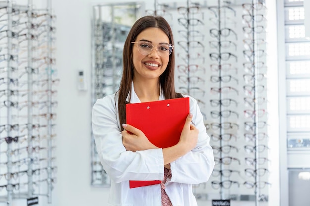 Ophtalmologiste féminin attirant avec le presse-papiers travaillant dans un magasin d'optique