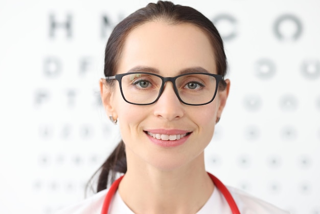 Ophtalmologiste de femme avec des verres se tenant sur le fond de la table pour l'essai d'oeil
