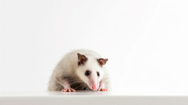 Un opossum blanc au nez rose est posé sur une surface blanche.