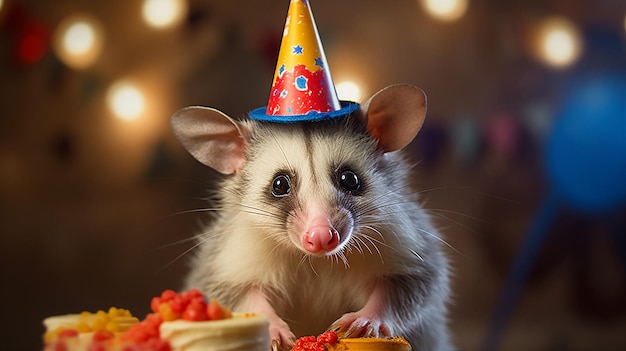 Un opossum portant un chapeau de fête est assis sur une table avec d'autres animaux.