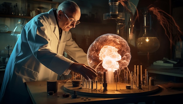 Oppenheimer travaille sur les détails d'une bombe nucléaire dans un laboratoire où un scientifique effectue des recherches