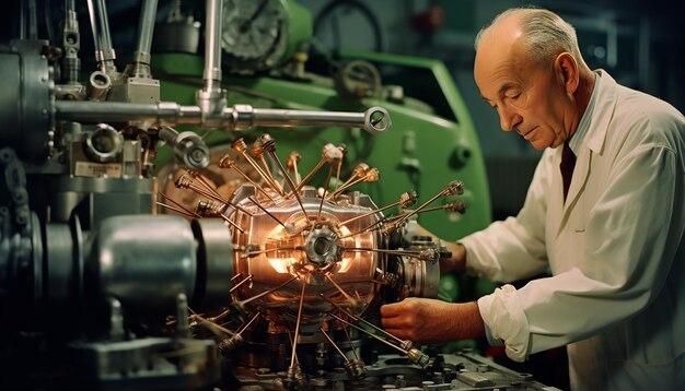 Photo oppenheimer travaille sur les détails d'une bombe nucléaire dans un laboratoire où un scientifique effectue des recherches