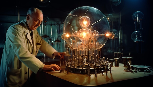 Photo oppenheimer travaille sur les détails d'une bombe nucléaire dans un laboratoire où un scientifique effectue des recherches