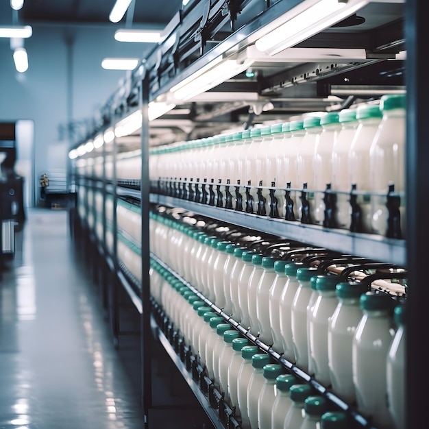 Photo optimisation de la chaîne d'approvisionnement bouteilles de lait en verre sur un tapis roulant ai generated generative ai