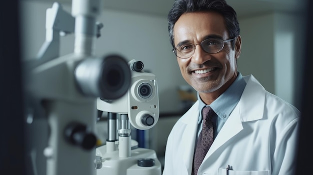 Photo un optométriste souriant dans une clinique dotée d'un équipement d'examen oculaire de pointe