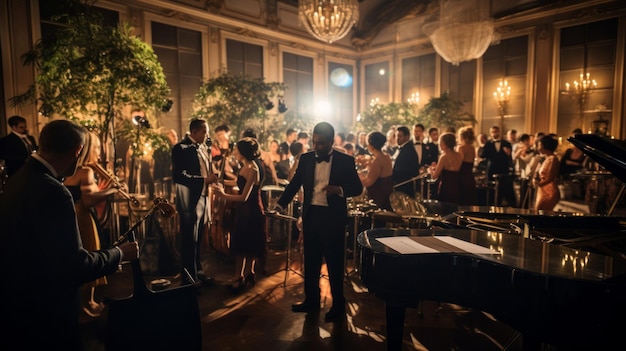 Opulente fête dans un manoir des années 20 dans le style Gatsby avec un groupe de jazz en direct