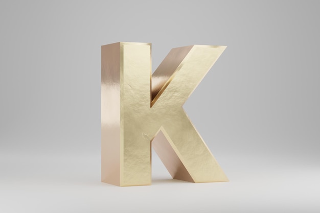 Or 3d lettre K majuscule. Lettre d'or isolée sur fond blanc. Alphabet d'or avec des imperfections. Caractère de police rendu 3D.