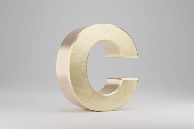 Or 3d lettre C majuscule. Lettre d'or isolée sur fond blanc. Alphabet d'or avec des imperfections. Caractère de police rendu 3D.