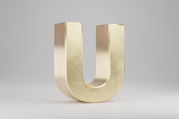 Or 3d lettre U majuscule. Lettre d'or isolée sur fond blanc. Alphabet d'or avec des imperfections. Caractère de police rendu 3D.