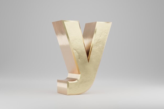 Or 3d lettre Y minuscule. Lettre d'or isolée sur fond blanc. Alphabet d'or avec des imperfections. Caractère de police rendu 3D.