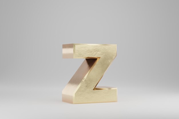 Photo or 3d lettre z minuscule. lettre d'or isolée sur fond blanc. alphabet d'or avec des imperfections. caractère de police rendu 3d.