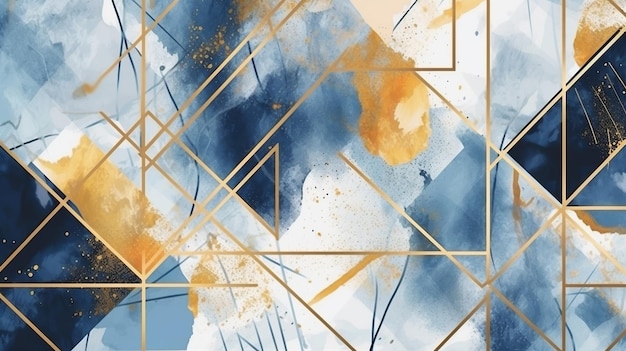 Or et bleu marbre forme géométrique abstraite fond texture aquarelle AI généré