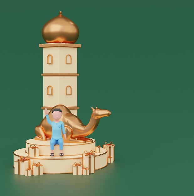 Or vert bel objet 3D islamique moderne Ramadan et Eid Mubarak Al Fitr