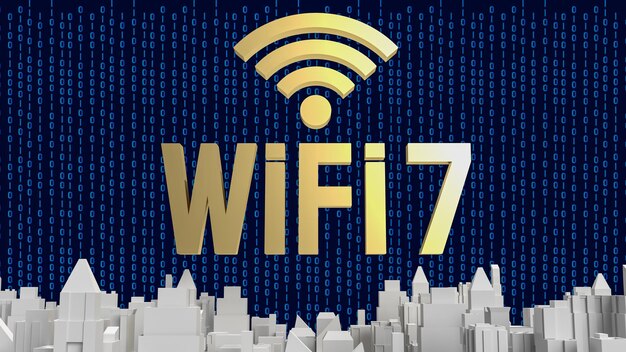 L'or wifi 7 sur fond numérique pour le rendu 3d du concept technologique