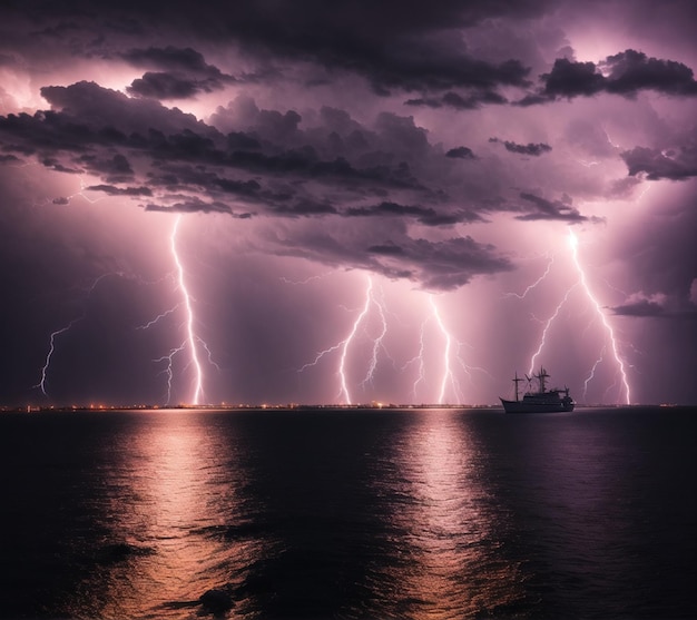 Un orage au-dessus de l'océan avec un navire en arrière-plan