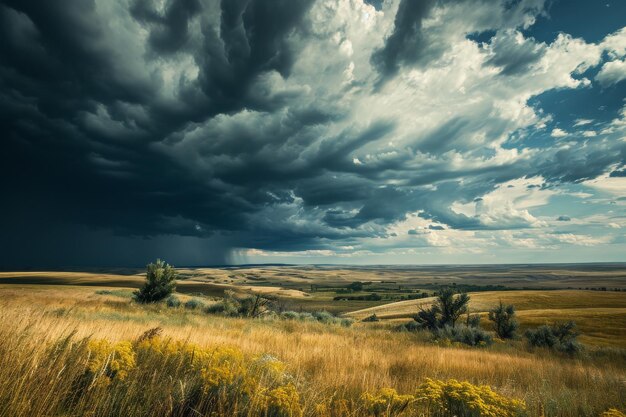 Un orage dramatique sur un paysage de prairie généré par l'IA