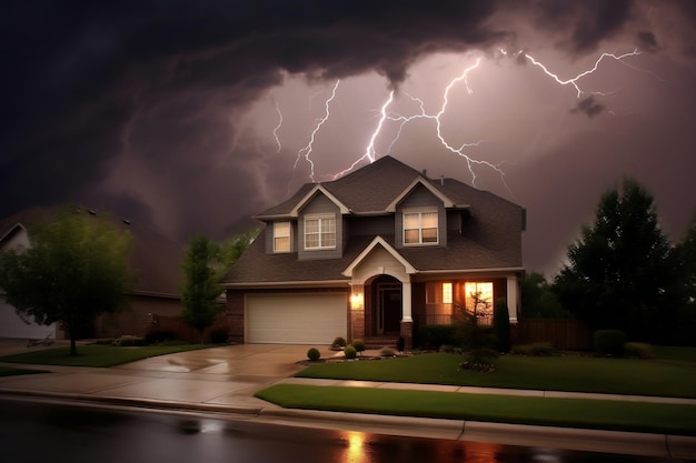 Orage éclairant une maison de banlieue AI