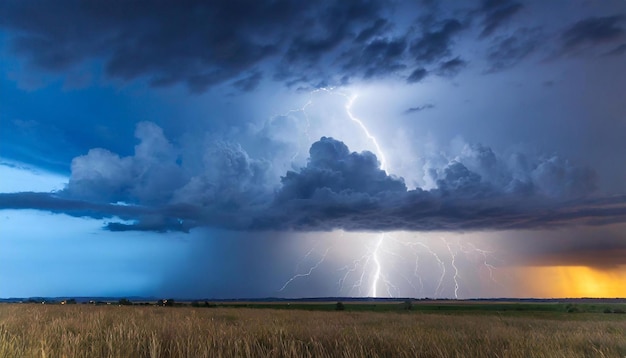 Orage avec éclairs et ciel coucher de soleil orange