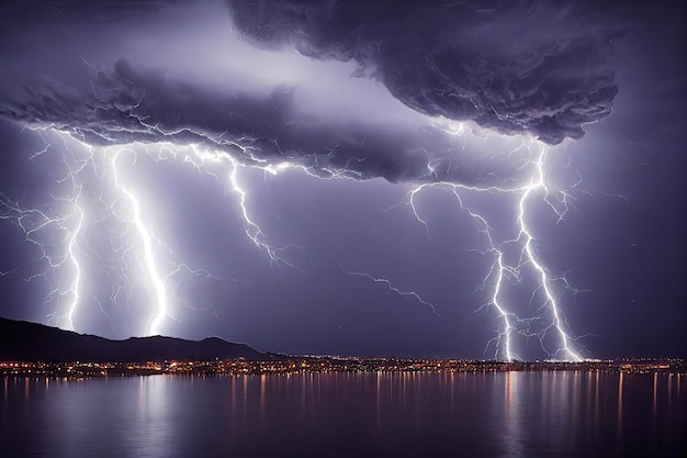 Orage avec des éclairs dans un ciel d'orage au-dessus de la ville météo dramatique fond illustrati numérique