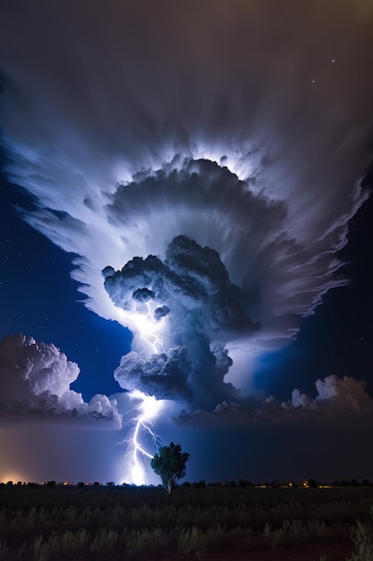 Un orage est capturé par un arbre sur la plage.