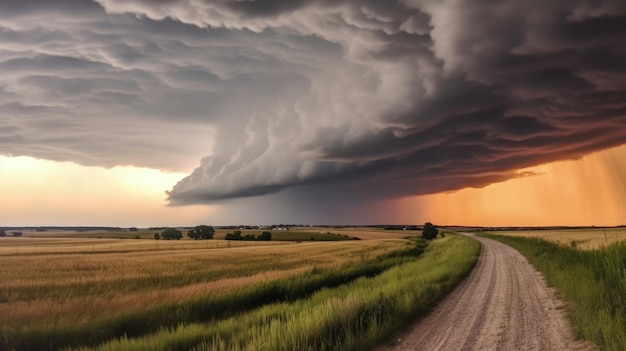 Un orage féroce se prépare à l'horizon avec des nuages sombres et des éclairs illuminant le ciel créant une atmosphère inquiétante et électrisante. Généré par l'IA