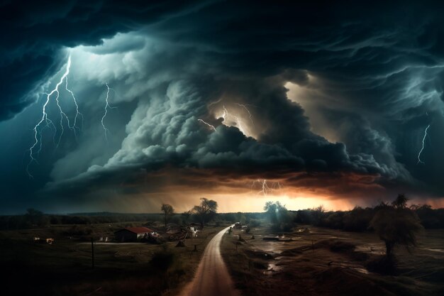 Un orage et une grande tornade avec des éclairs