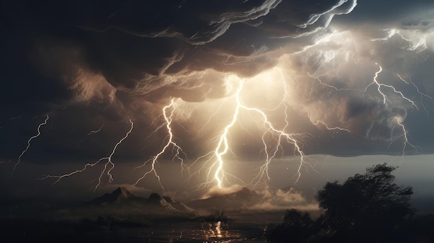 Un orage avec une montagne en arrière-plan