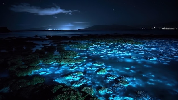 Photo un orage la nuit avec une lueur bleue dans l'eau