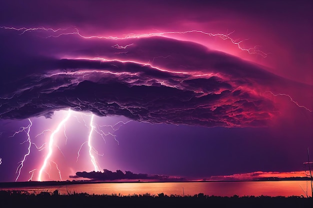 Orage sur la rivière avec catastrophe naturelle éclair