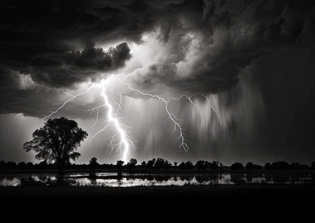 Un orage spectaculaire illuminant un ciel sombre capturé à une distance sûre. L'image est