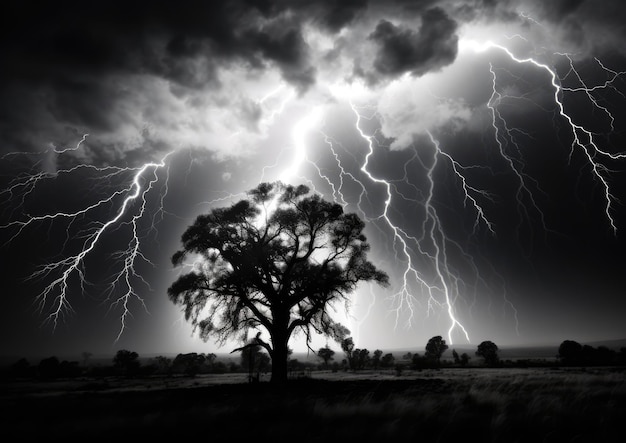 Un orage spectaculaire illuminant un ciel sombre capturé à une distance sûre. L'image est