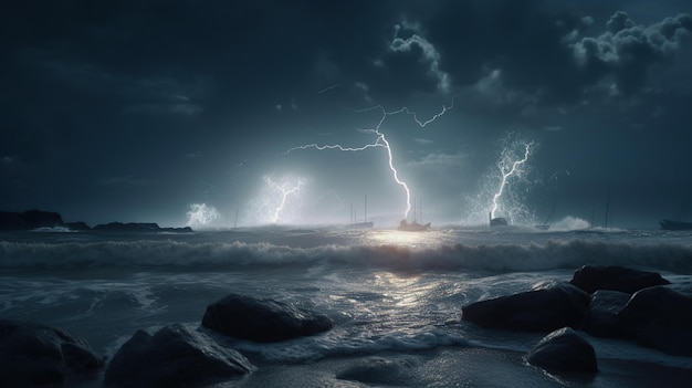 Orage sur les vagues de tempête sur la mer avec des nuages dramatiques ai génératif