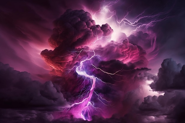 Un orage violet et rose avec un ciel violet et des nuages.