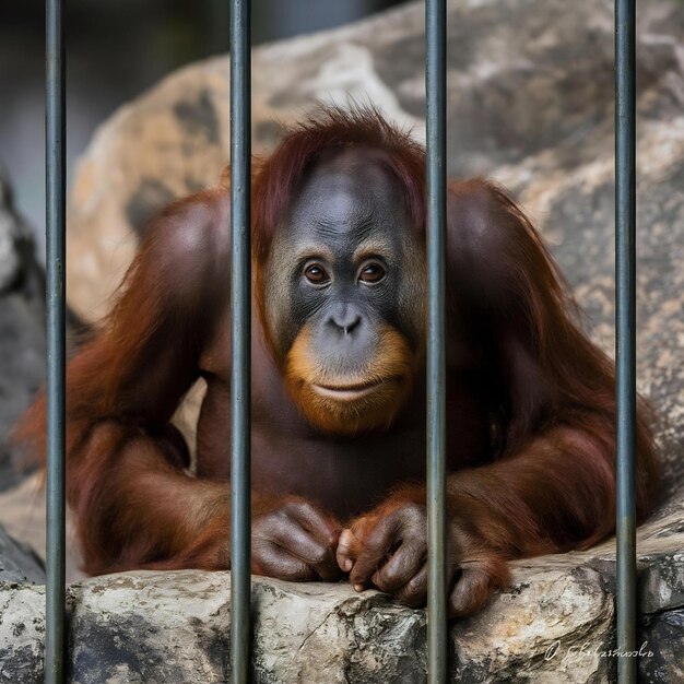 Photo l'orang-outan bornéen en voie de disparition dans l'habitat rocheux pongo pygmée animal sauvage derrière les barreaux beauti