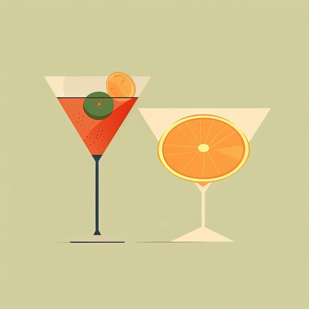 une orange et un citron vert à côté d'un martini dans le style d'illustrations plates