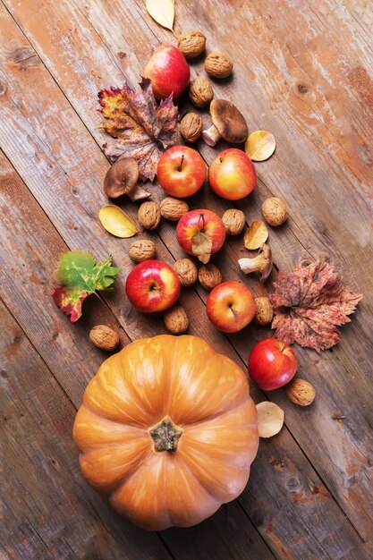 Orange citrouille aux champignons cardoncelli, pommes, noix et feuilles colorées sur de vieilles planches en bois rustiques. Jour d'automne Thanksgiving