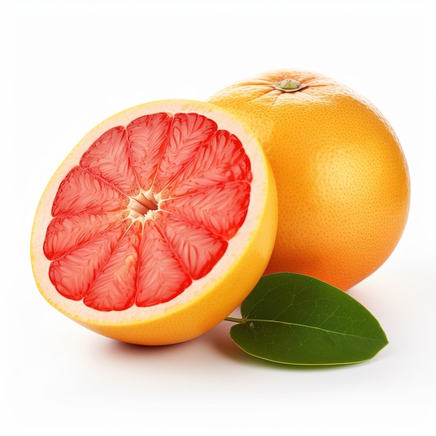 Une orange avec une coupe en deux et une feuille verte sur le côté droit.