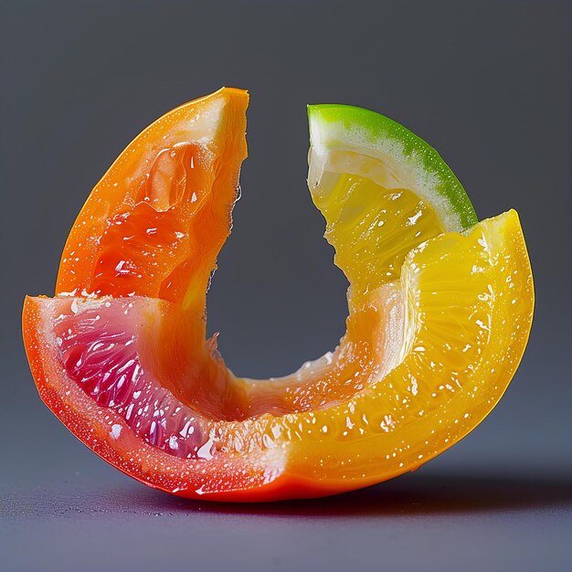 Une orange coupée et une tranche de citron vert sur un dessus de table avec des gouttes d'eau dessus et un fond gris