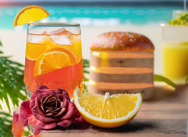 Photo orange coupée en tranches mûre et verre de boisson de jus