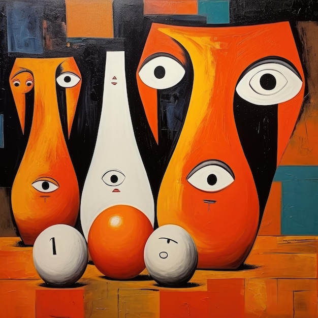 Orange cubiste de Picasso debout seul avec des quilles de bowling