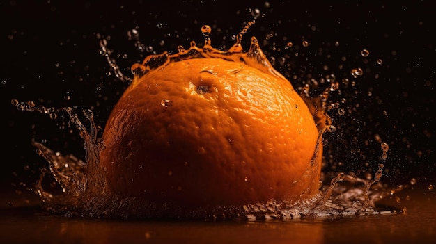 Orange éclaboussant dans l'eau avec un fond sombre