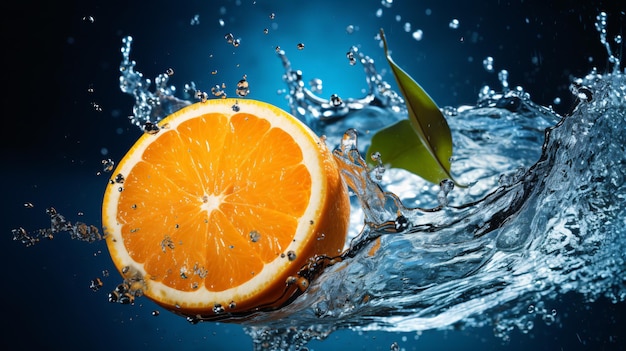 Orange éclaboussant dans l'eau avec une tranche d'orange