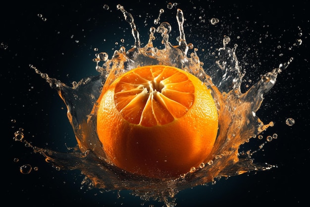 Une orange est éclaboussé avec de l'eau et il est sur le point d'être jeté dans l'eau.