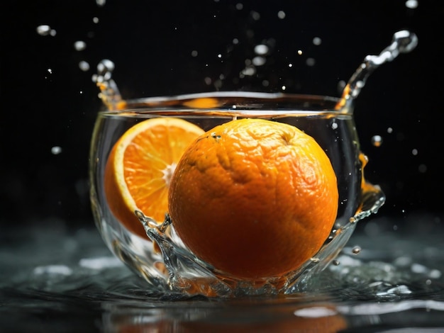 une orange est éclaboussée dans un verre d'eau