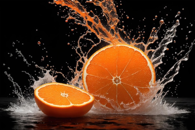 Une orange est éclaboussée d'eau sur un fond noir.