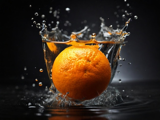 une orange est éclaboussée d'eau et d'un fond noir