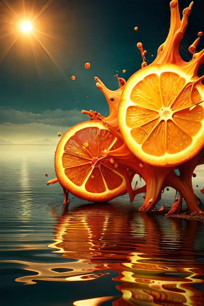 Une orange est pressée dans un liquide avec le soleil qui brille dessus.