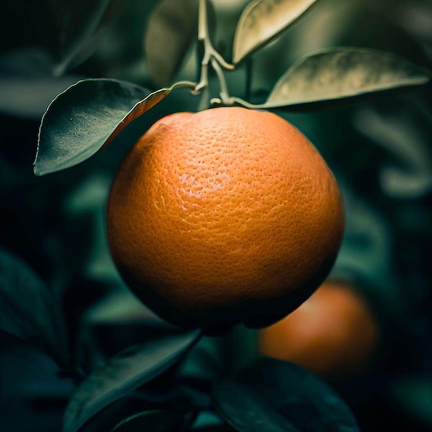 Une orange est suspendue à un arbre avec des feuilles et le mot orange dessus.